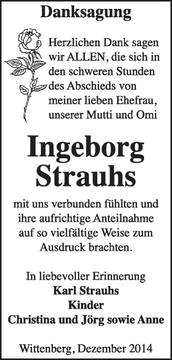Traueranzeige von Ingeborg Strauhs von Super Sonntag Wittenberg