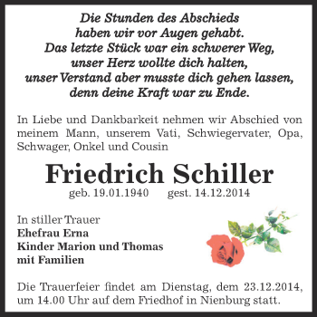 Traueranzeige von Friedrich Schiller von Super Sonntag Bernburg