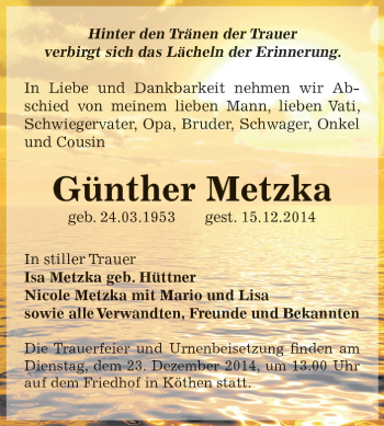 Traueranzeige von Günther Metzka von WVG - Wochenspiegel Dessau / Köthen