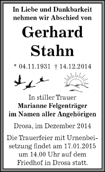 Traueranzeige von Gerhard Stahn von WVG - Wochenspiegel Dessau / Köthen