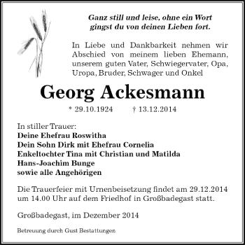 Traueranzeige von Georg Ackesmann von WVG - Wochenspiegel Dessau / Köthen