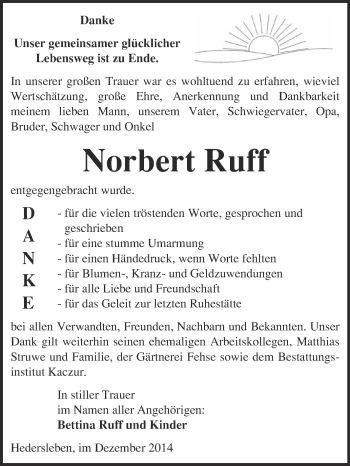 Traueranzeige von Norbert Ruff von WVG - Wochenspiegel Quedlinburg