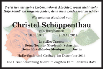 Traueranzeige von Christel Schöppenthau von WVG - Wochenspiegel Dessau / Köthen