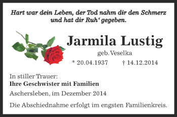 Traueranzeige von Jarmila Lustig von Super Sonntag Aschersleben