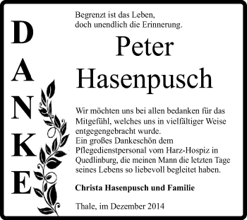 Traueranzeige von Peter Hasenpusch von Super Sonntag Quedlinburg