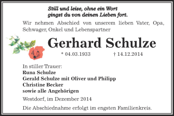 Traueranzeige von Gerhard Schulze von Super Sonntag Aschersleben