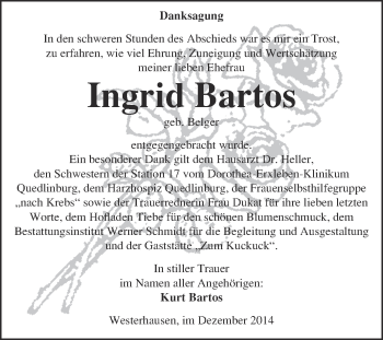 Traueranzeige von Ingrid Bartos von WVG - Wochenspiegel Quedlinburg