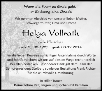 Traueranzeige von Helga Vollrath von Super Sonntag SGH Mansf. Land