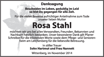 Traueranzeige von Rosa Stahl von Super Sonntag Wittenberg