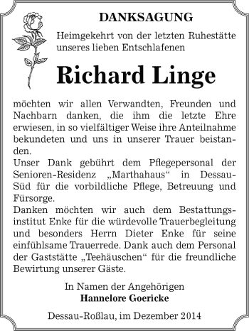 Traueranzeige von Richard Linge von WVG - Wochenspiegel Dessau / Köthen