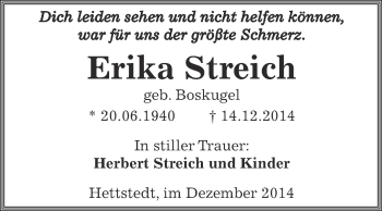 Traueranzeige von Erika Streich von Super Sonntag SGH Mansf. Land