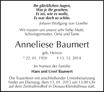 Traueranzeige von Anneliese Baumert von WVG - Wochenspiegel Dessau / Köthen