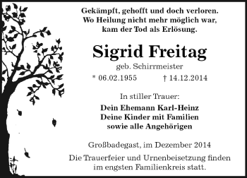 Traueranzeige von Sigrid Freita von WVG - Wochenspiegel Dessau / Köthen