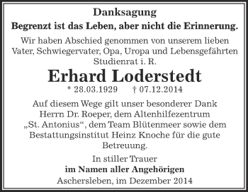 Traueranzeige von Erhard Loderstedt von Super Sonntag Aschersleben