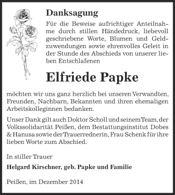 Traueranzeige von Elfriede Papke von Super Sonntag Bernburg