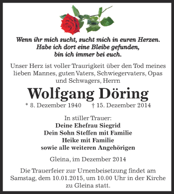 Traueranzeige von Wolfgang Döring von Super Sonntag Zeitz