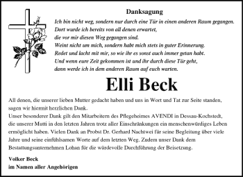 Traueranzeige von Elli Beck von Super Sonntag Dessau / Köthen