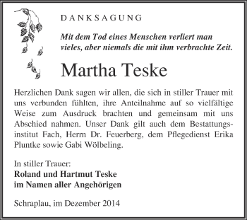 Traueranzeige von Martha Teske von WVG - Wochenspiegel Merseburg