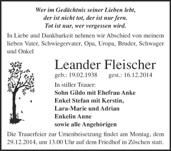 Traueranzeige von Leander Fleischer von Super Sonntag Merseburg