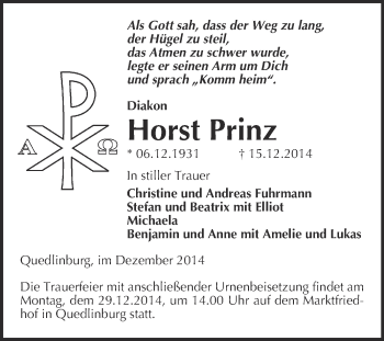 Traueranzeige von Horst Prinz von WVG - Wochenspiegel Quedlinburg