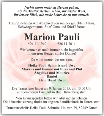 Traueranzeige von Marion Pauli von Super Sonntag Merseburg