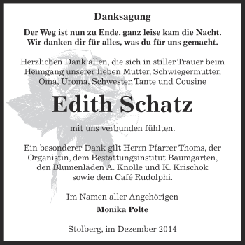 Traueranzeige von Edith Schatz von Super Sonntag SGH Mansf. Land