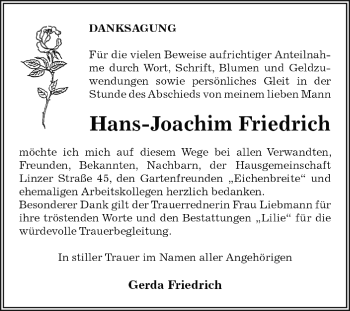 Traueranzeige von Hans-Joachim Friedrich von WVG - Wochenspiegel Dessau / Köthen