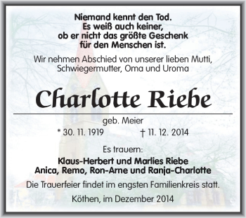 Traueranzeige von Charlotte Riebe von WVG - Wochenspiegel Dessau / Köthen