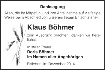 Traueranzeige von Klaus Böhmer von Super Sonntag SGH Mansf. Land