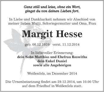 Traueranzeige von Margit Hesse von Super Sonntag Zeitz