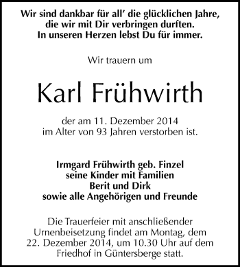 Traueranzeige von Karl Frühwirth von WVG - Wochenspiegel Quedlinburg
