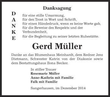 Traueranzeige von Gerd Müller von Super Sonntag SGH Mansf. Land