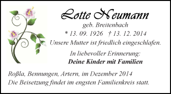 Traueranzeige von Lotte Heumann von Super Sonntag SGH Mansf. Land