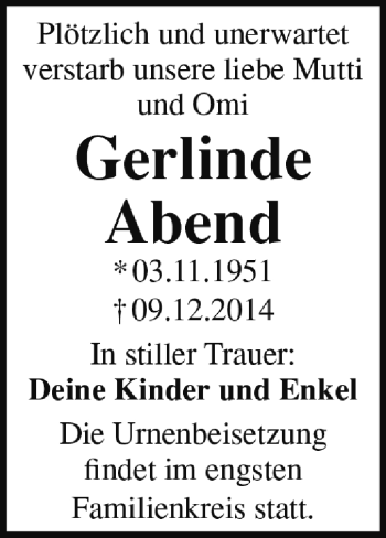 Traueranzeige von Gerlinde Abend von Super Sonntag Dessau / Köthen