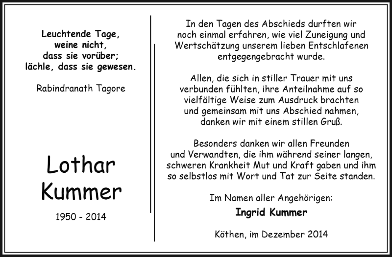  Traueranzeige für Lothar Kummer vom 21.12.2014 aus WVG - Wochenspiegel Dessau / Köthen