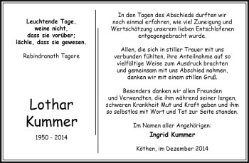 Traueranzeige von Lothar Kummer von WVG - Wochenspiegel Dessau / Köthen