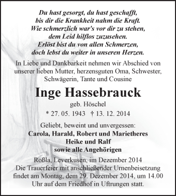 Traueranzeige von Inge Hassebrauck von Super Sonntag SGH Mansf. Land