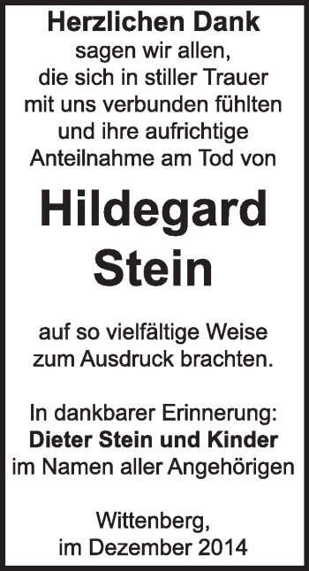 Traueranzeige von Hildegard Stein von Super Sonntag Wittenberg