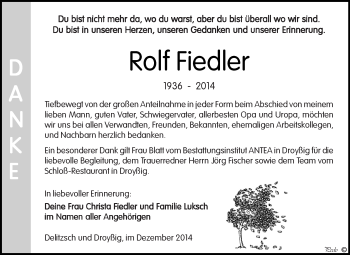 Traueranzeige von Rolf Fiedler von Super Sonntag Zeitz