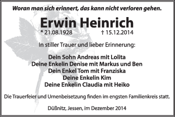 Traueranzeige von Erwin Heinrich von WVG - Wochenspiegel Wittenberg