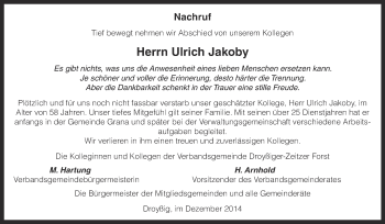 Traueranzeige von Ulrich Jakoby von Super Sonntag Zeitz