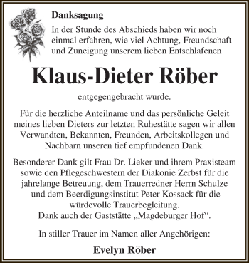 Traueranzeige von Klaus-Dieter Röber von WVG - Wochenspiegel Dessau / Köthen