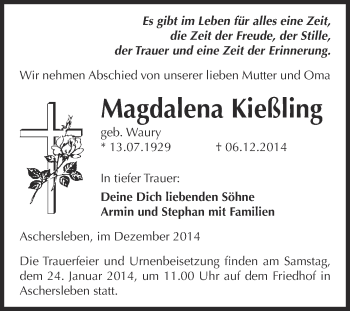 Traueranzeige von Magdalena Kießling von Super Sonntag Aschersleben