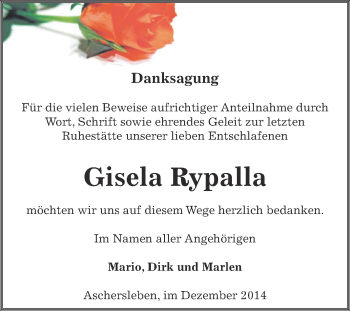 Traueranzeige von Gisela  Rypalla von Super Sonntag Aschersleben