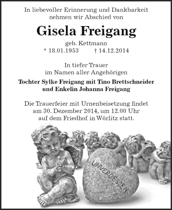 Traueranzeige von Gisela Freigang von WVG - Wochenspiegel Dessau / Köthen