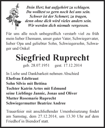 Traueranzeige von Siegfried Ruprecht von Super Sonntag Bernburg
