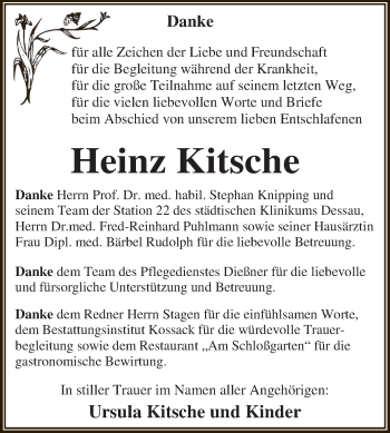 Traueranzeige von Heinz Kitsche von WVG - Wochenspiegel Dessau / Köthen