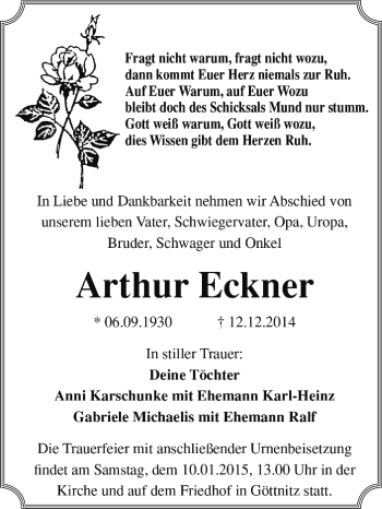 Traueranzeige von Arthur Eckner von Super Sonntag Dessau / Köthen