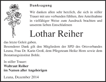 Traueranzeige von Lothar Reiher von Super Sonntag Merseburg