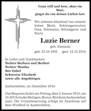 Traueranzeige von Luzie Berner von Super Sonntag Aschersleben